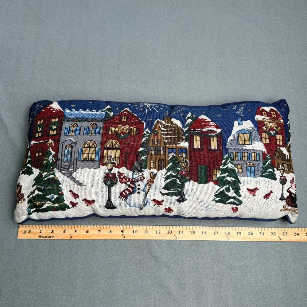 Christmas Winter Village Tapestry Lumbar Pillow Snowman Houses Navy Blue 23x11